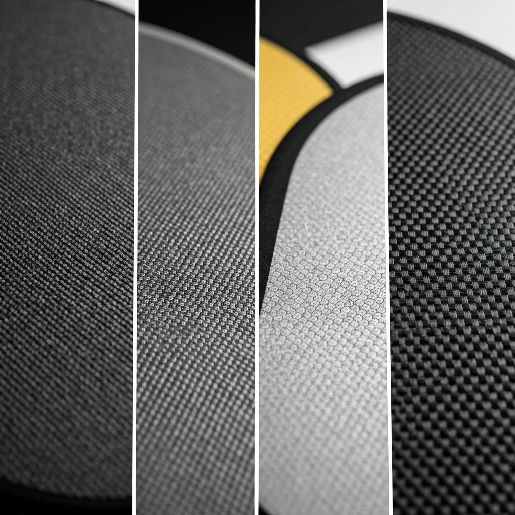 A close-up shot of different paddle faces, showcasing the texture and weave pattern of each material: fiberglass, graphite, and carbon fiber. Soft, diffused lighting highlights the subtle differences in surface texture.