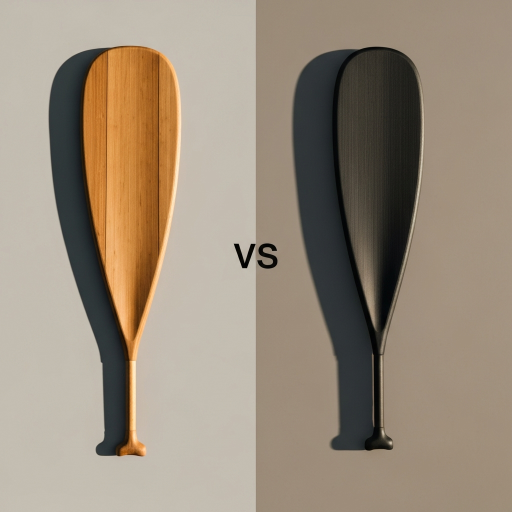 Overhead shot comparing a wide-body paddle with an elongated paddle. Neutral background with clear separation between the two shapes. Good lighting with minimal shadows.