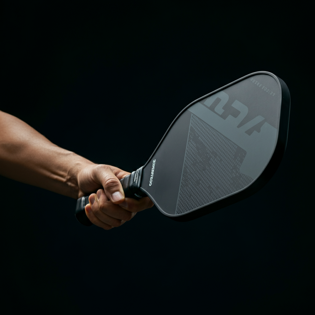 A hand gripping a pickleball paddle handle. Focus on the hand and the grip texture. Soft lighting and a shallow depth of field.