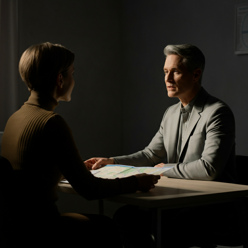 A service provider sits across from a client at a desk. The desk is uncluttered. Soft window light illuminates the service provider's face as they listen attentively. The client is holding a map of the local area, side-lit to highlight its textured paper.