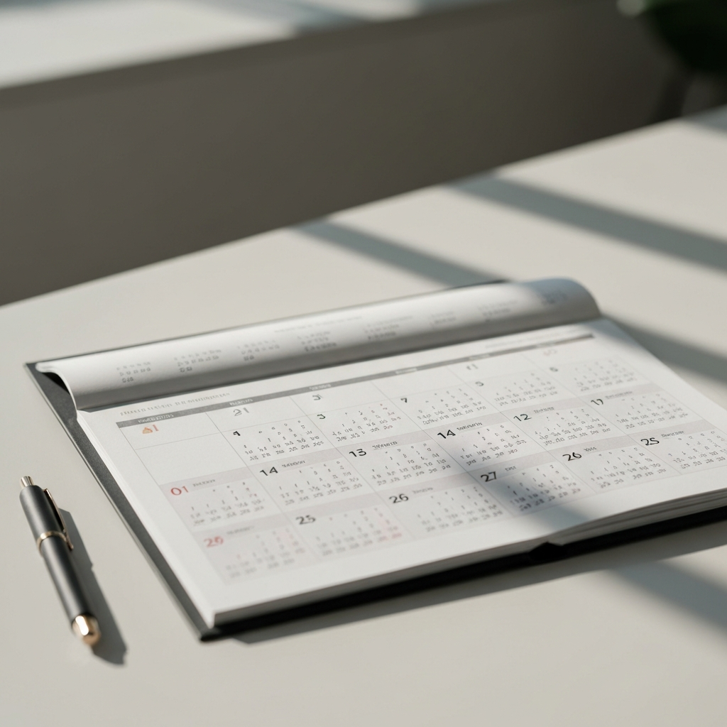 A detailed calendar lays open on a table, highlighting specific dates and times. A pen rests beside it. The lighting is soft and diffused, casting gentle shadows on the calendar's pages.