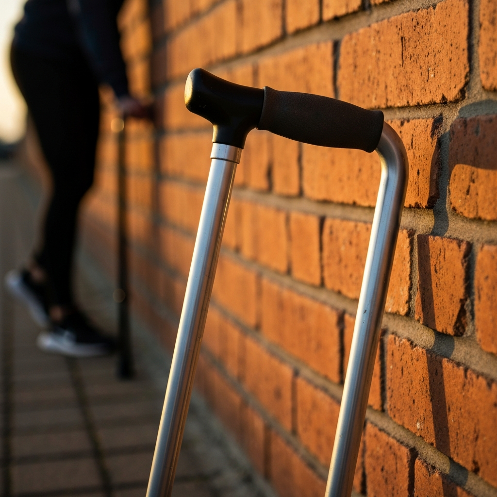 A close-up shot of a mobility cane resting against a textured brick wall. Golden hour lighting emphasizes the worn handle and the tactile surface of the cane.