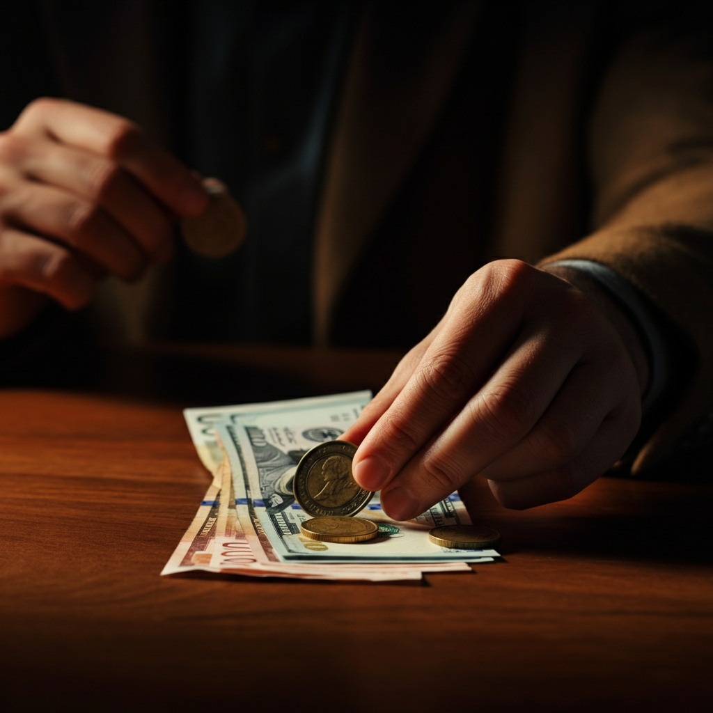 A hand carefully sorts coins and bills on a wooden table. The lighting is warm and inviting, highlighting the textures of the money and the wood grain.