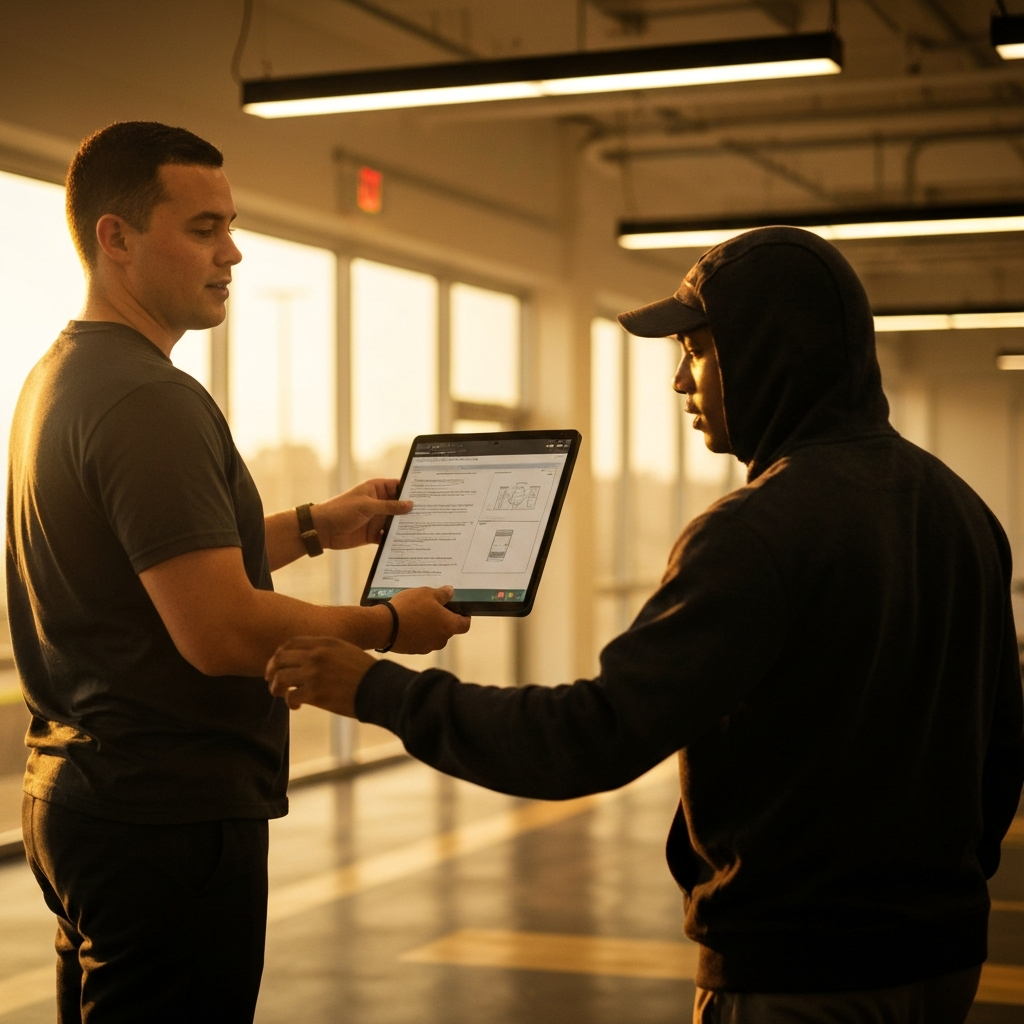 An instructor guides a student through a simulated public transportation experience, showing them how to read a schedule and use a ticket vending machine. The lighting is bright and supportive.