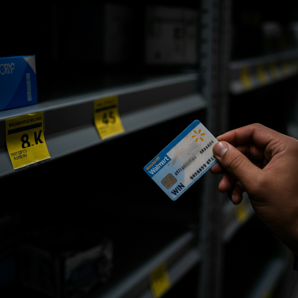 Close-up of a hand holding a laminated Walmart employee ID card, with the WIN number visible. The card is slightly worn, suggesting regular use. Soft bokeh in the background reveals the edge of a metal shelving unit in a stockroom, dimly lit.