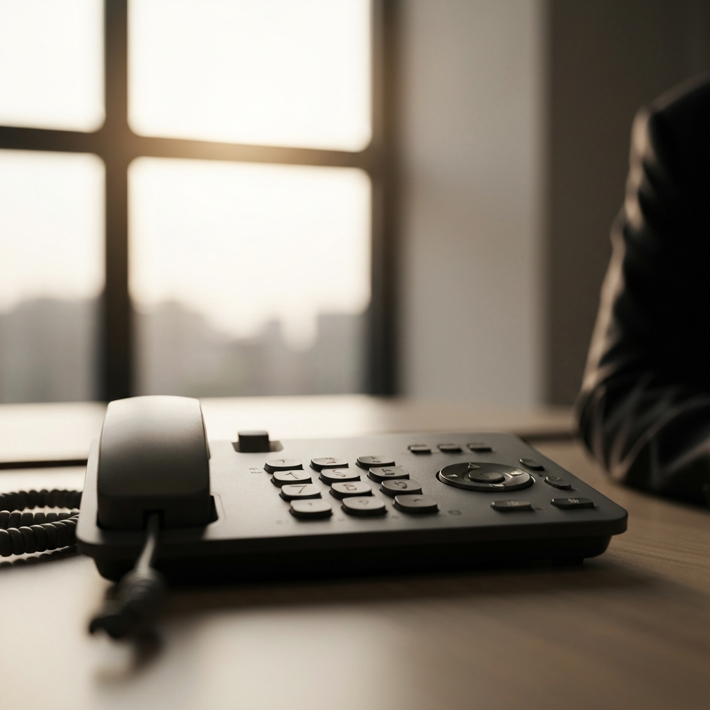 A landline telephone receiver resting on a desk surface. The number pad is slightly worn from use. The lighting is diffused and warm, mimicking the ambiance of an office during golden hour.