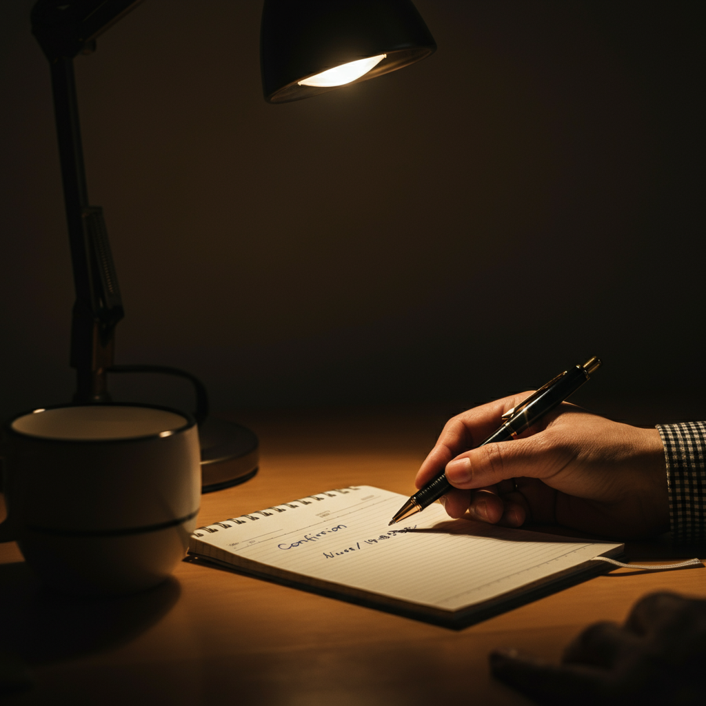 A small, well-organized home office desk. A pen rests on top of a notepad with a handwritten confirmation number visible. The desk is illuminated by a warm-toned desk lamp, casting soft shadows.