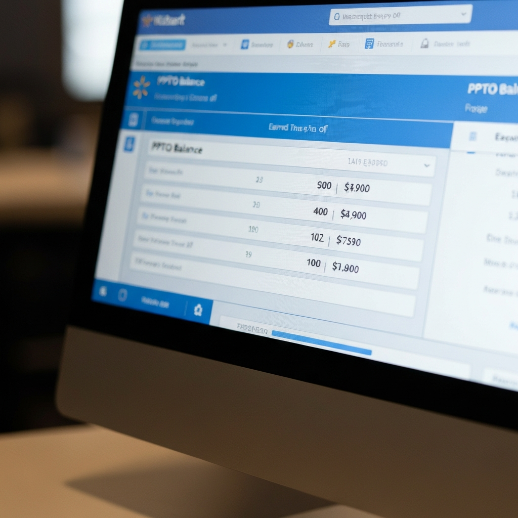 A close-up of a computer screen displaying a Walmart employee's profile. The section highlighting PPTO balance is clearly visible. The screen reflects a soft, ambient light.