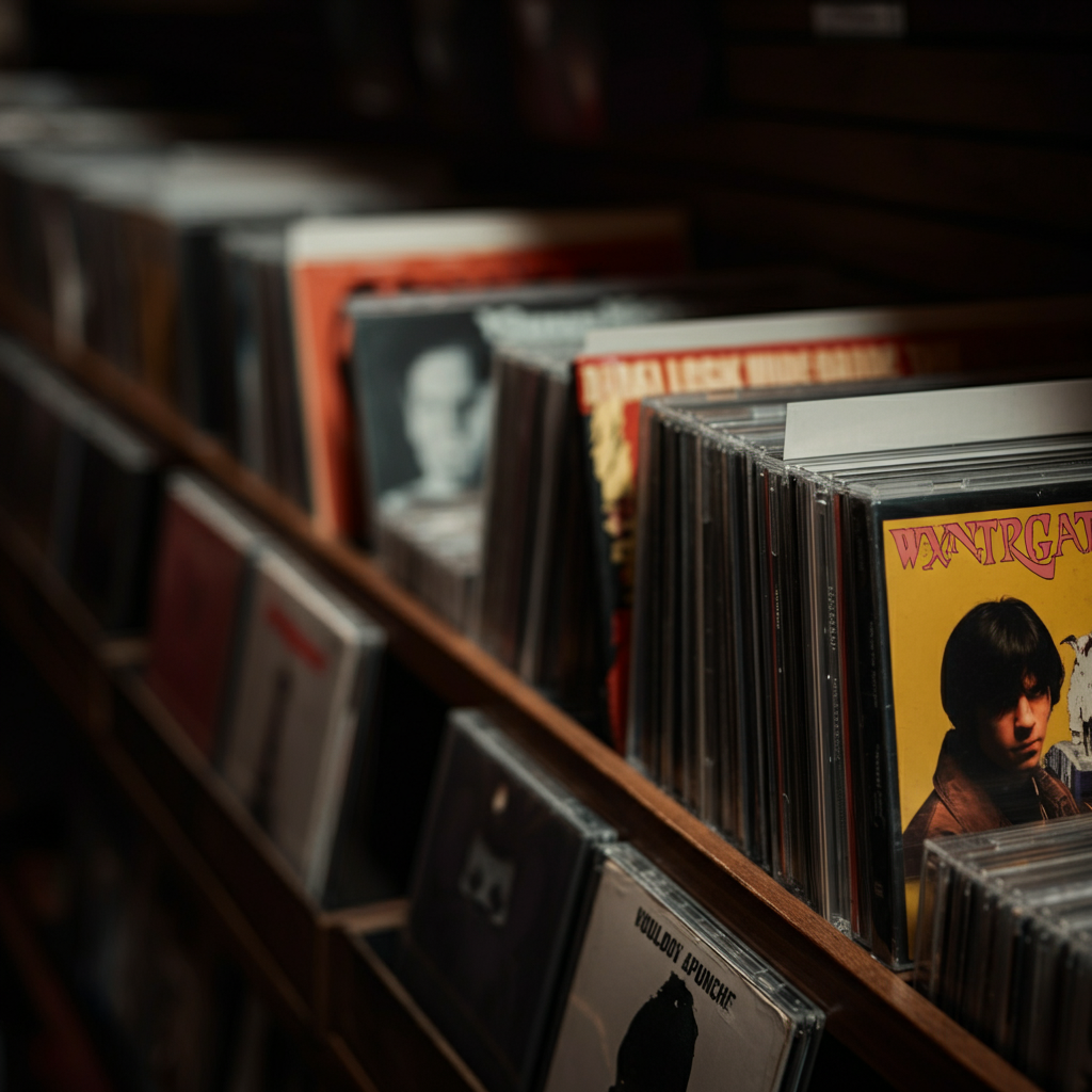 A record store shelf, densely packed with CDs and cassette tapes. The lighting is soft and diffused, highlighting the textures of the album covers. The camera focuses on a selection of grunge, hip-hop, and pop albums, with a slight depth of field to blur the background.