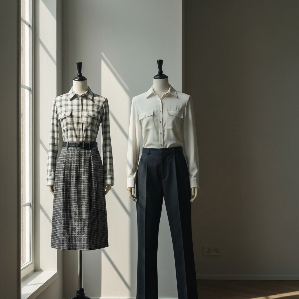 A fashion designer's studio. A mannequin is dressed in a 90s-inspired outfit, combining elements of grunge and preppy styles. Soft, natural light streams in through a window, illuminating the textures of the fabrics.