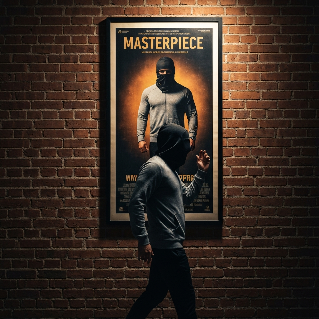 A vintage movie poster hanging on a brick wall. The poster is slightly faded and weathered, adding to its nostalgic charm. The lighting is dim and moody, creating a sense of intrigue.