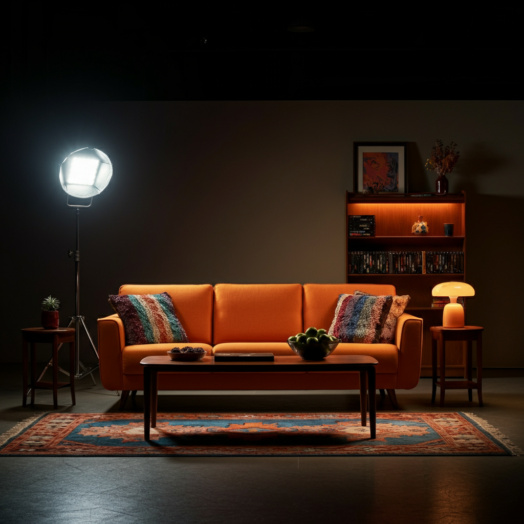 A living room set inspired by 90s sitcoms. The furniture is comfortable and slightly worn, with a colorful rug and a collection of VHS tapes on a shelf. Warm, inviting lighting fills the room.