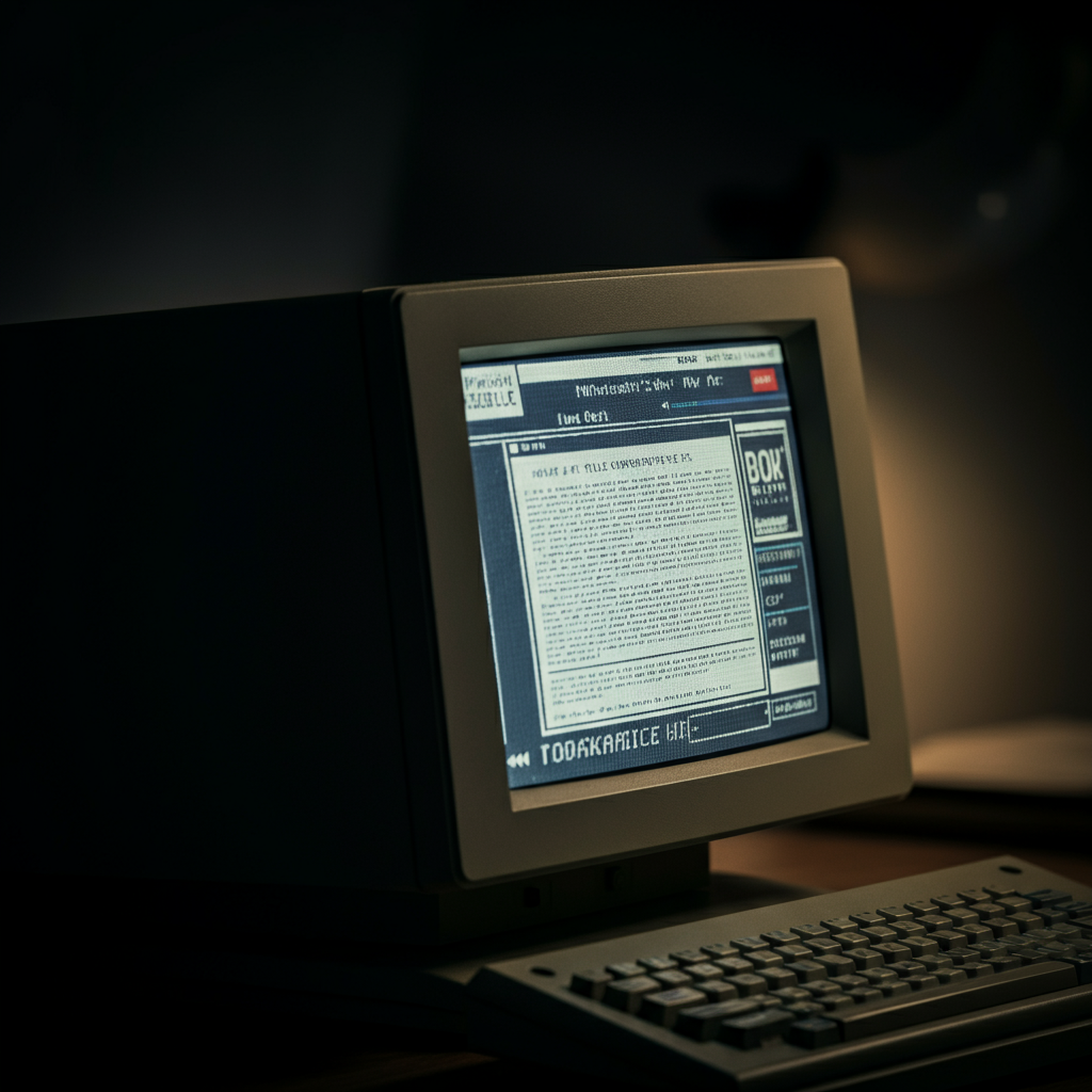 A close-up shot of a vintage computer screen displaying a website from the 90s. The screen is slightly pixelated, and the colors are muted. Soft, ambient light reflects off the screen, creating a subtle glow.