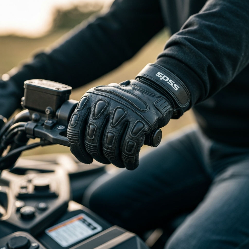 Close-up shot of a quad rider's hand gripping the handlebar, wearing a durable riding glove. Focus on the textured leather of the glove and the clean grip of the hand. Soft bokeh in the background showing the quad's controls.