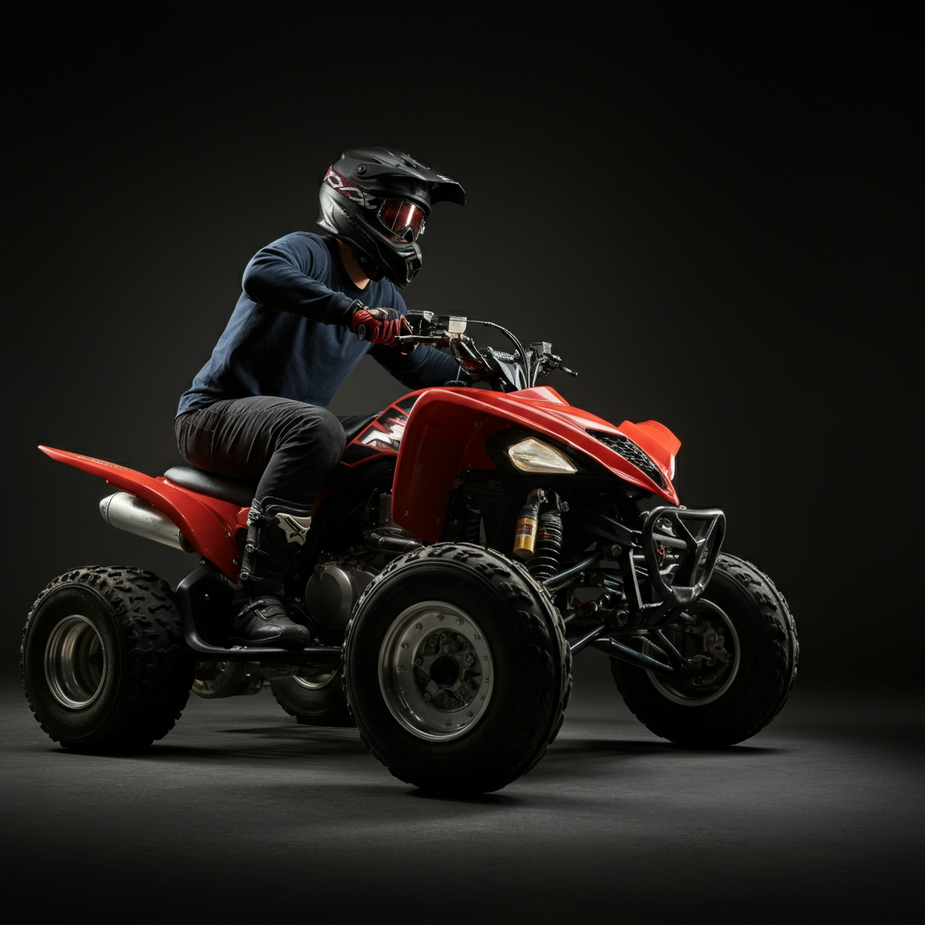 Side view of a quad rider performing the bounce technique. The quad's suspension is visibly compressed, and the rider is leaning slightly back. Motion blur suggests the action of the bounce.