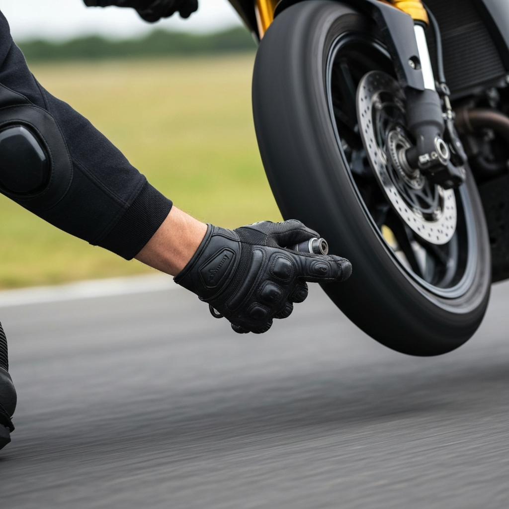 Close up of a rider's gloved hand carefully adjusting the throttle during a wheelie. Focus on the minute movements and the tension in the fingers. Blurred background indicates motion.