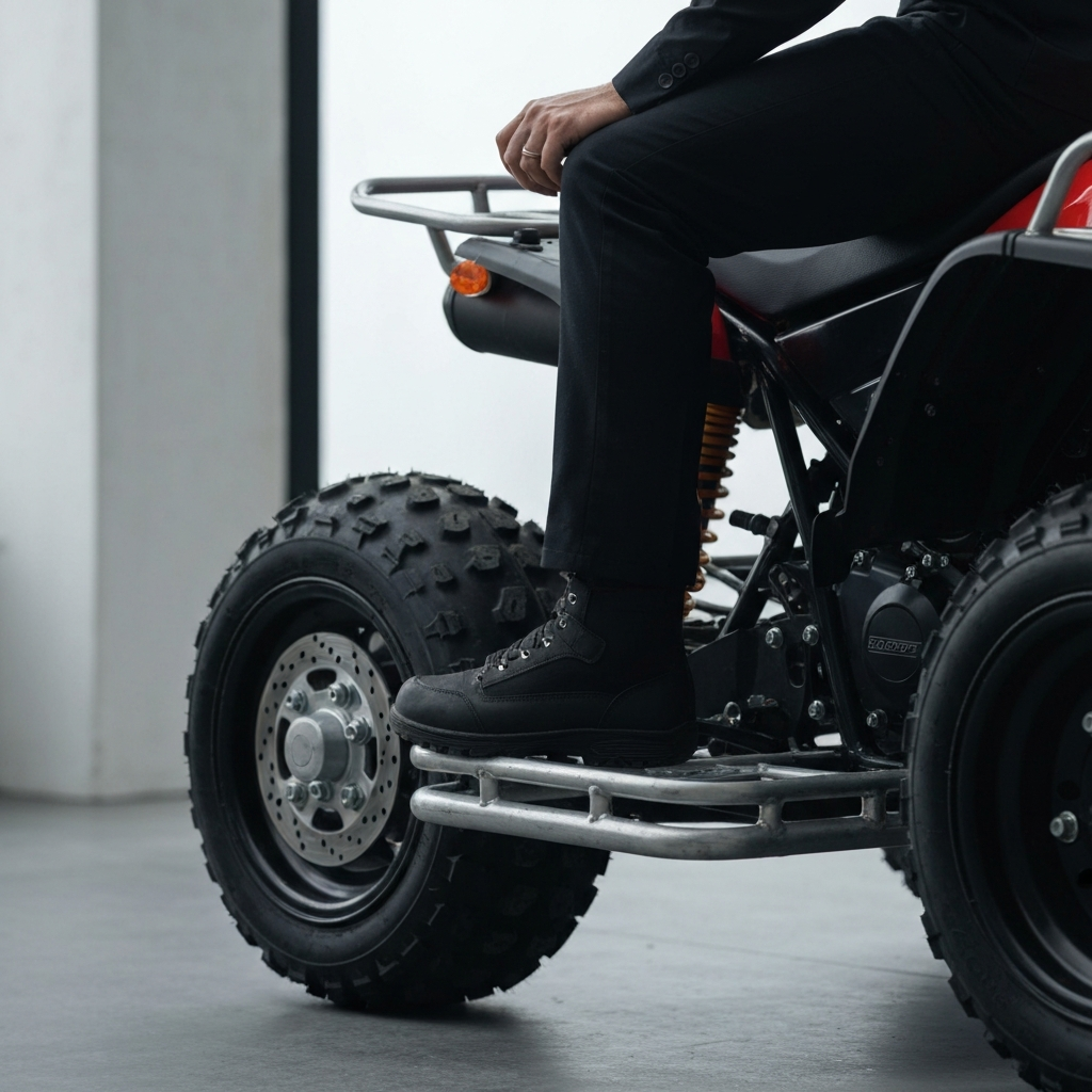 Low-angle shot of the rear brake lever and the rider's boot applying gentle pressure. Focus on the connection between the lever and the brake system. The quad's tire is slightly blurred.