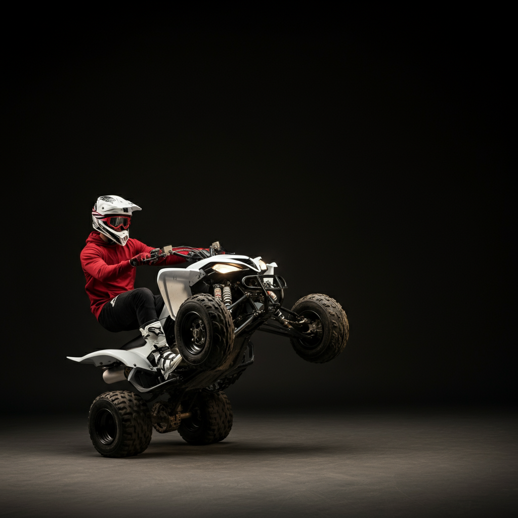 Montage of a quad rider practicing wheelies from different angles. Emphasis on the rider's progression and increasing confidence. Warm, natural light.