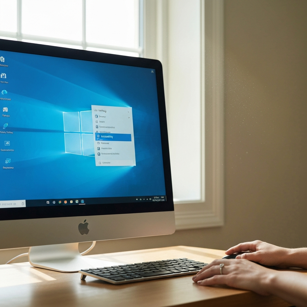 A well-lit home office with a desktop computer showing the Windows settings menu. A hand hovers over the "Accessibility" option with soft, diffused light creating a calm atmosphere.
