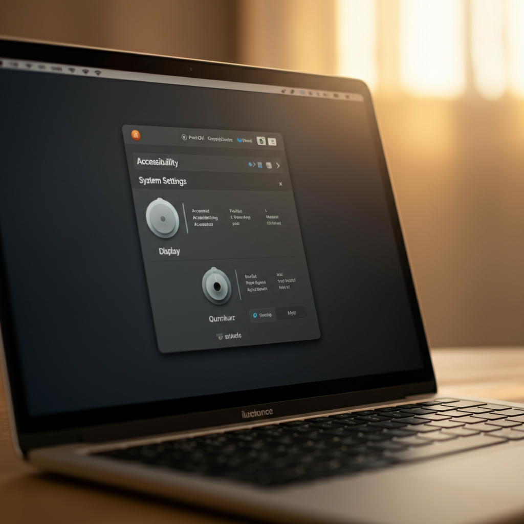 A sleek MacBook Pro displaying the macOS System Settings, with the "Accessibility" panel open and the "Display" settings highlighted. Natural light streams through a window, creating a warm, inviting scene.