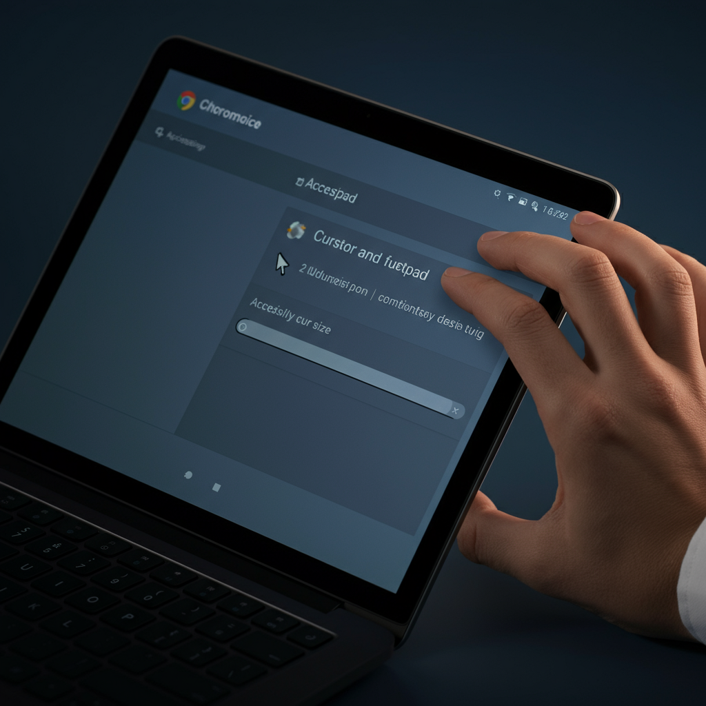 A Chromebook screen showing the "Cursor and Touchpad" settings menu in the Accessibility section. A hand is gently adjusting the cursor size slider. The scene is bright and clean, emphasizing the user-friendly interface.