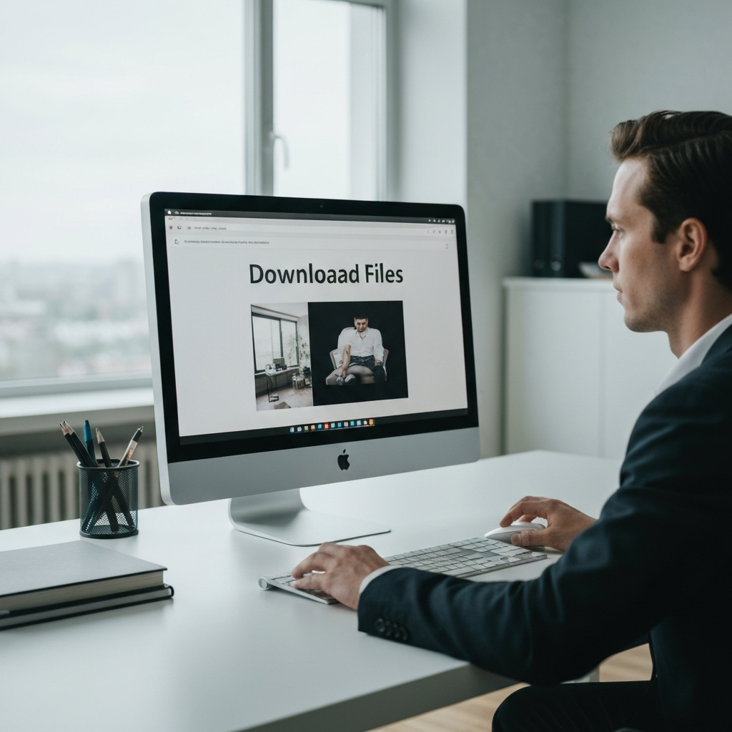A person sitting at a desk in a brightly lit office, focused on downloading cursor files from a website on their computer. The scene is clean and professional, with a focus on the screen and the user's hands on the keyboard and mouse.