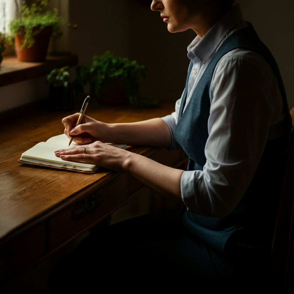 A person sitting at a wooden desk, bathed in warm light from a nearby window, thoughtfully writing in a leather-bound journal. Soft bokeh in the background from plants on the windowsill.