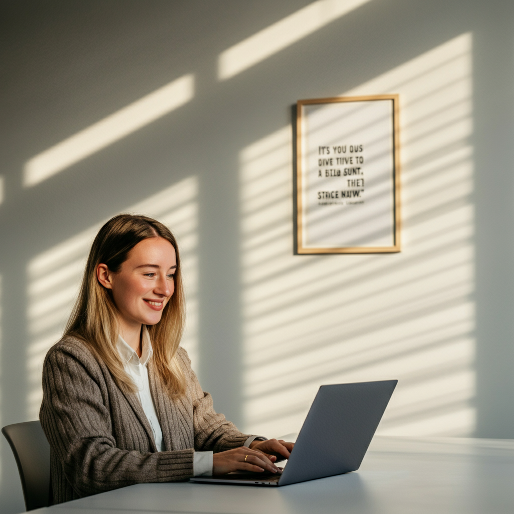A young woman in a brightly lit office, wearing a smart casual outfit, smiling as she types on her laptop. A framed motivational quote is visible on the wall behind her.