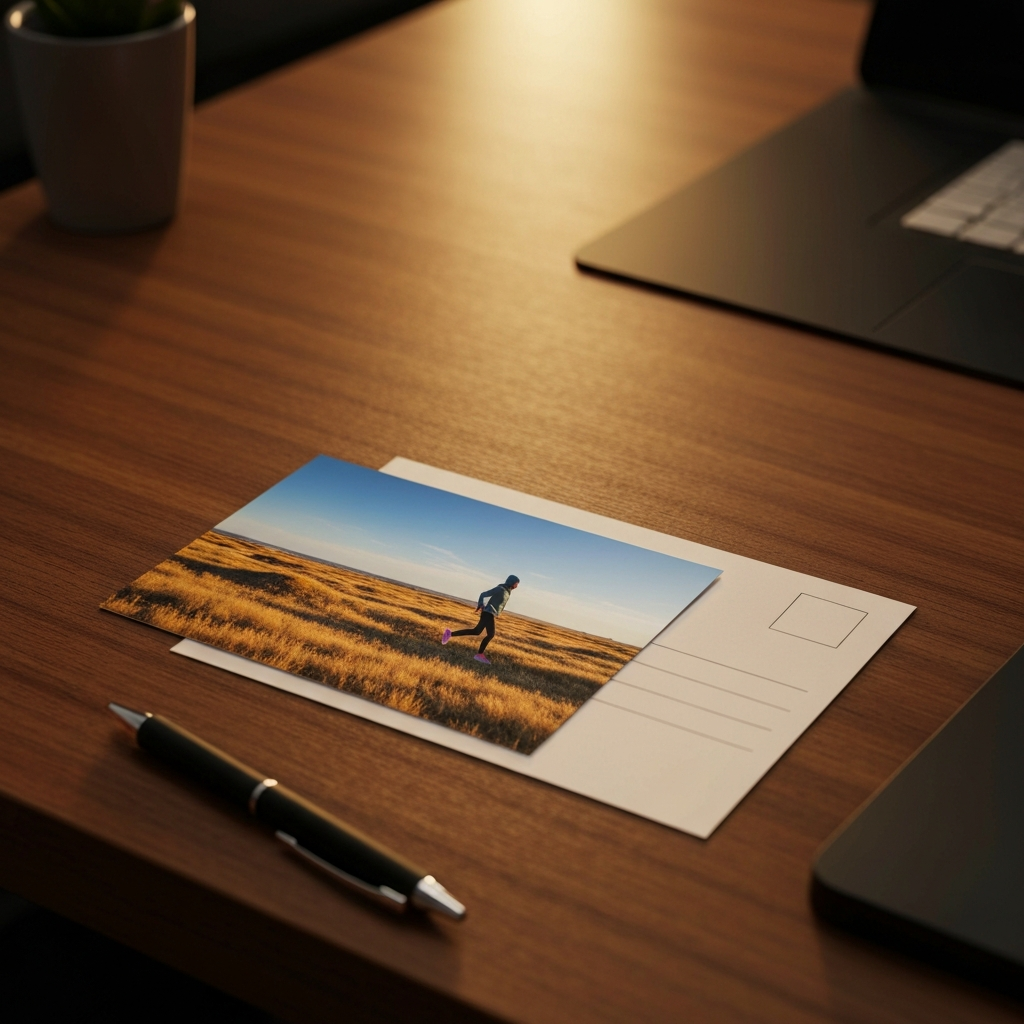 A brightly colored postcard with a landscape image resting on top of a wooden desk. A pen is beside the card.