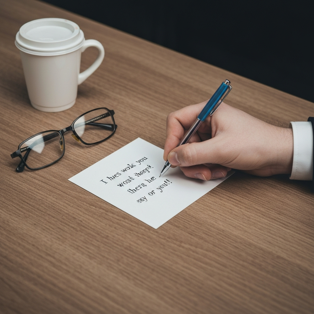 Close-up shot of a person's hand writing a humorous message on a small greeting card using a colorful pen. A coffee cup and a pair of reading glasses rest on the wooden desk.