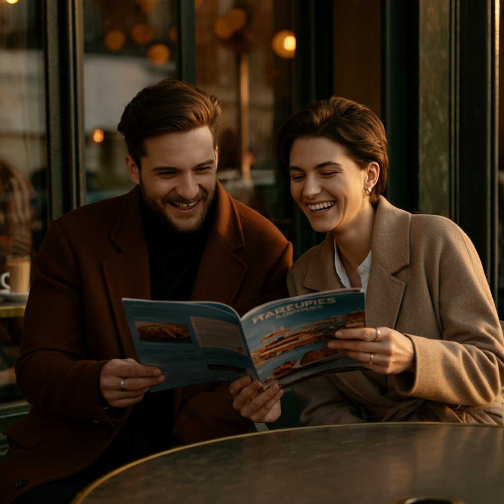 Two friends sitting at an outdoor cafe table, laughing and looking at a travel brochure together. Golden hour lighting creates a warm and inviting atmosphere. 
