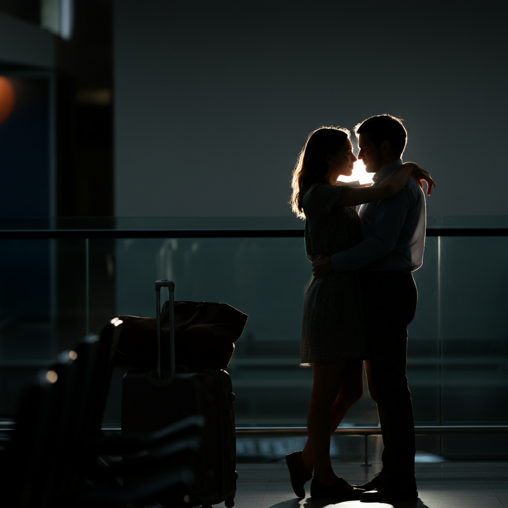A couple embracing at an airport terminal, with soft, natural lighting highlighting their faces. Luggage is visible in the background, slightly blurred.