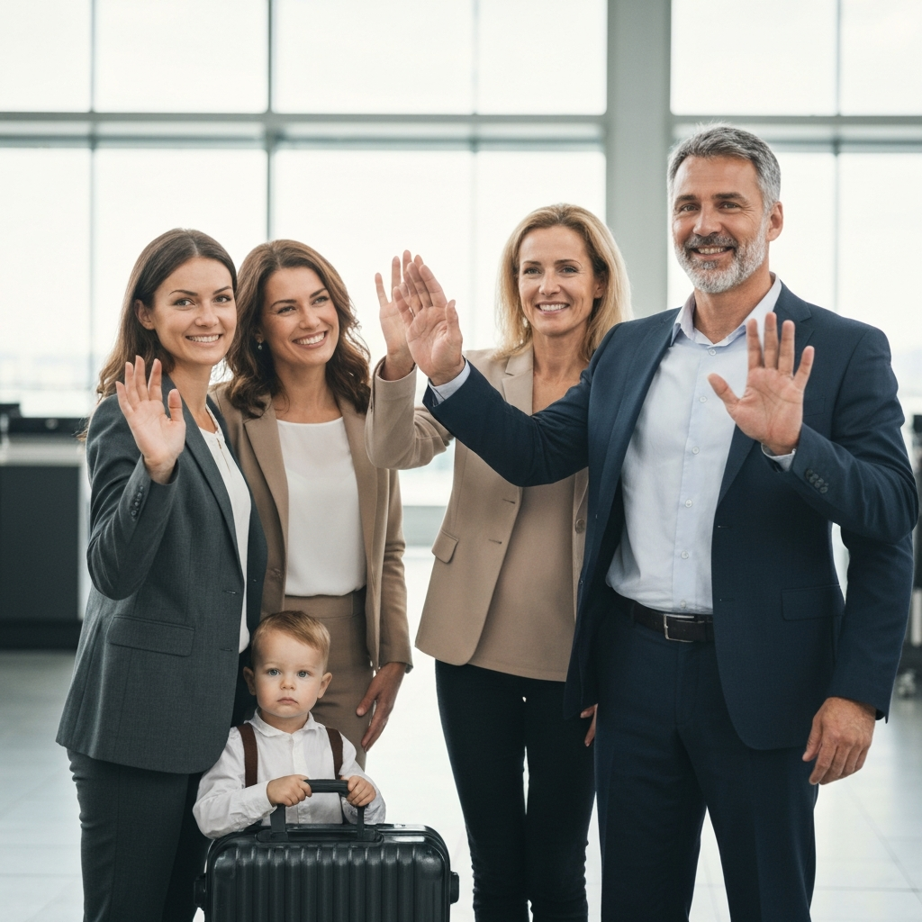 A family gathered at an airport gate, waving goodbye to a departing traveler. Soft, diffused lighting and genuine expressions of love and affection create a heartfelt scene.