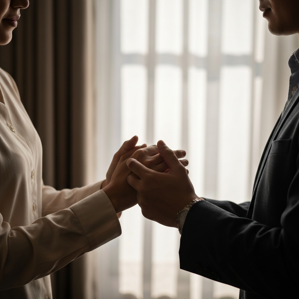 A softly lit room, a couple holding hands in prayer, light filtering through a sheer curtain, focus on their clasped hands and serene expressions.