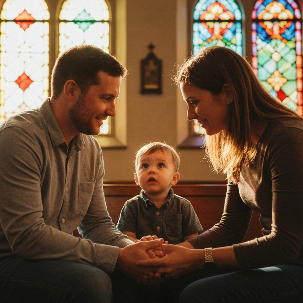 A family attending church service. Natural light streaming through stained glass windows illuminates them. The parents are holding hands, looking at their child with love and devotion.