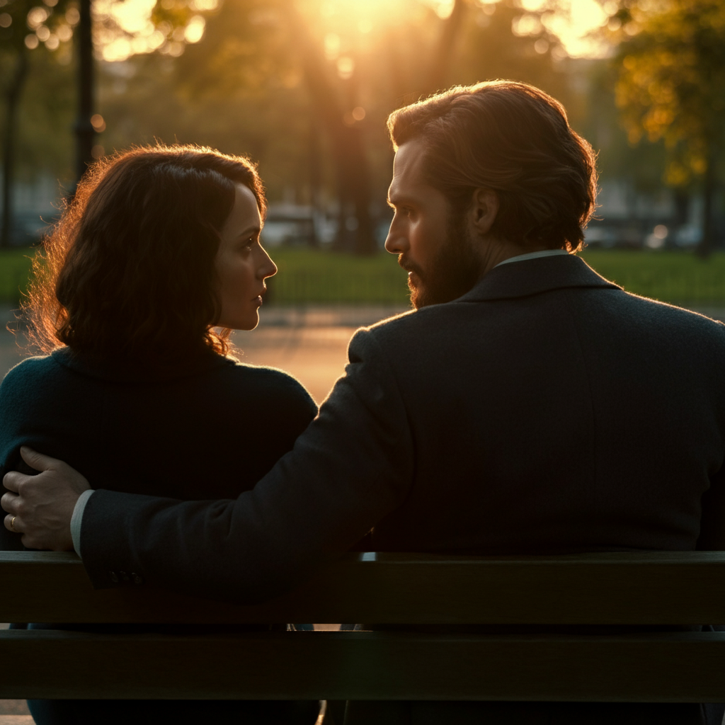 A couple sitting on a park bench, looking at each other with love and understanding. The sun is setting, casting a warm golden glow on their faces. They appear peaceful and content, accepting of their journey.