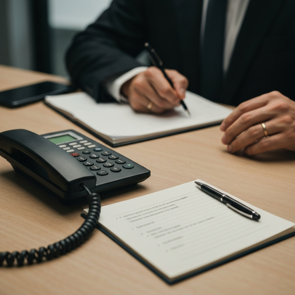 A well-organized desk with a landline phone, a notepad, and a pen. Soft overhead lighting creates minimal shadows. The notepad has concise bullet points listed. The focus is sharp on the phone handset.