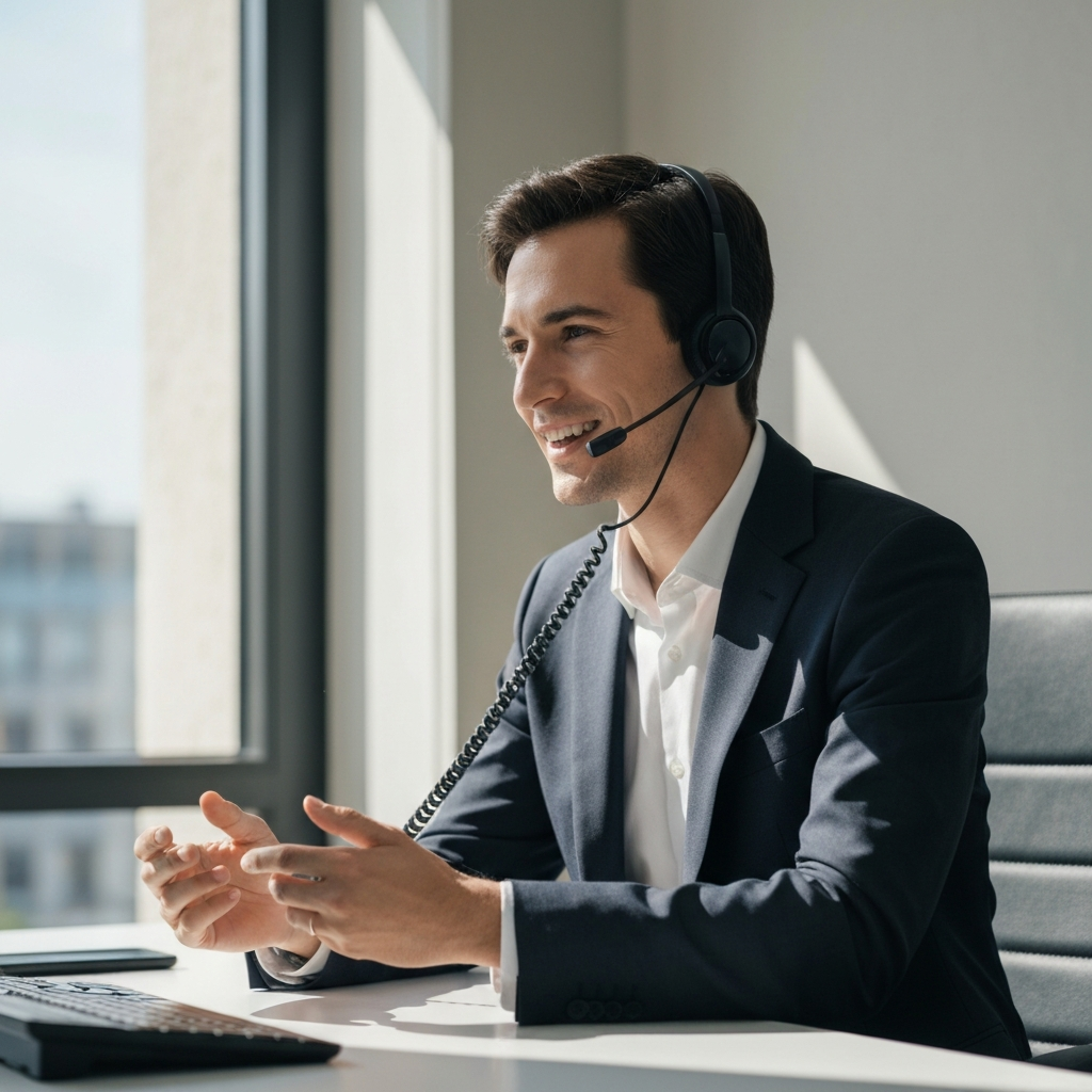 A person sitting at a desk, speaking into a phone headset. They are smiling and gesturing subtly with their hands. The background features a blurred office environment with natural sunlight streaming through the window.