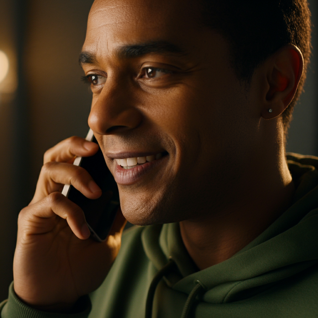 Close-up of a person's face as they speak on the phone, showing a friendly and attentive expression. Soft, warm lighting illuminates their features. The background is out of focus, suggesting a quiet office space.