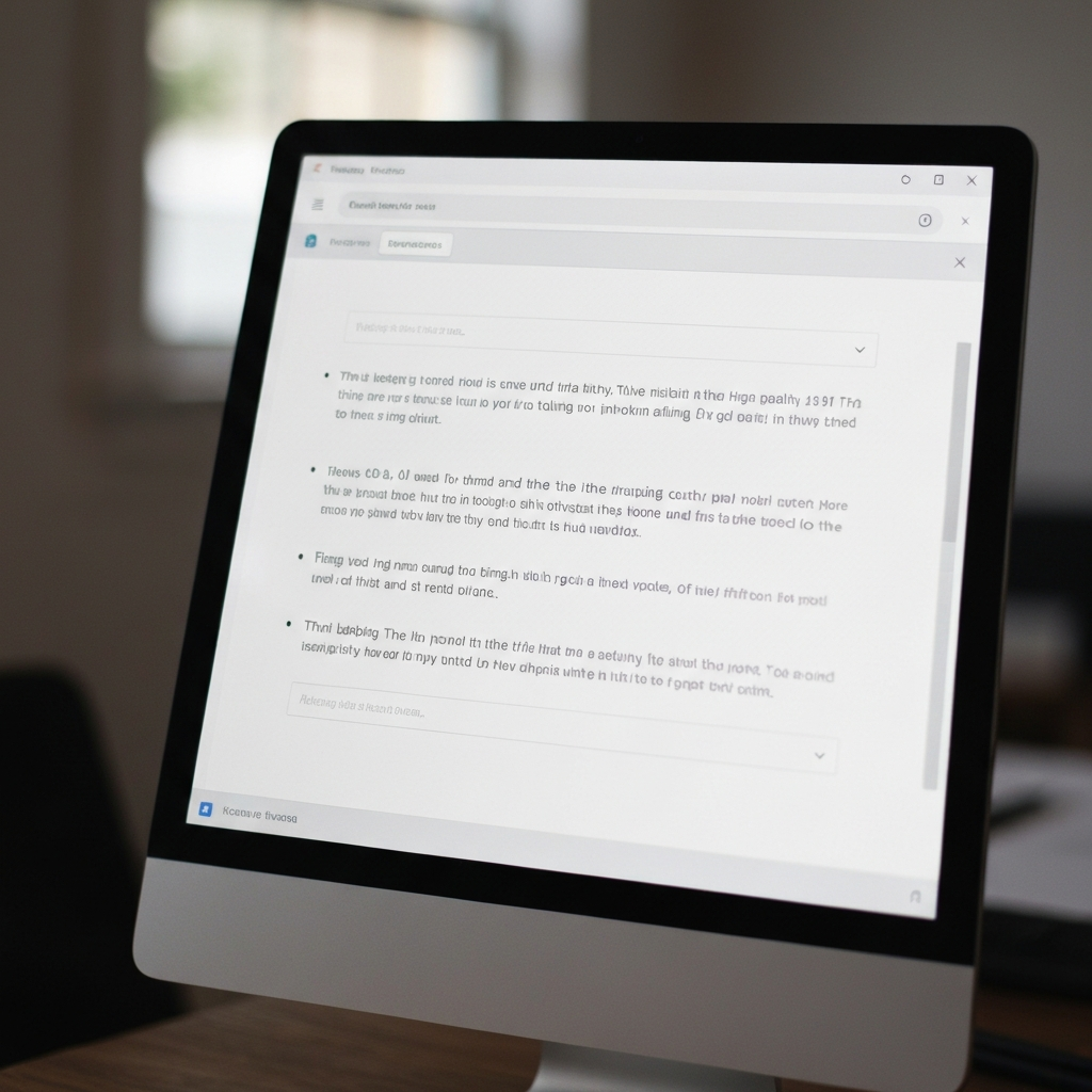 A close-up of an email draft on a computer screen. The email is concise and well-structured with clear paragraphs and bullet points. Soft bokeh in the background creates a professional feel.