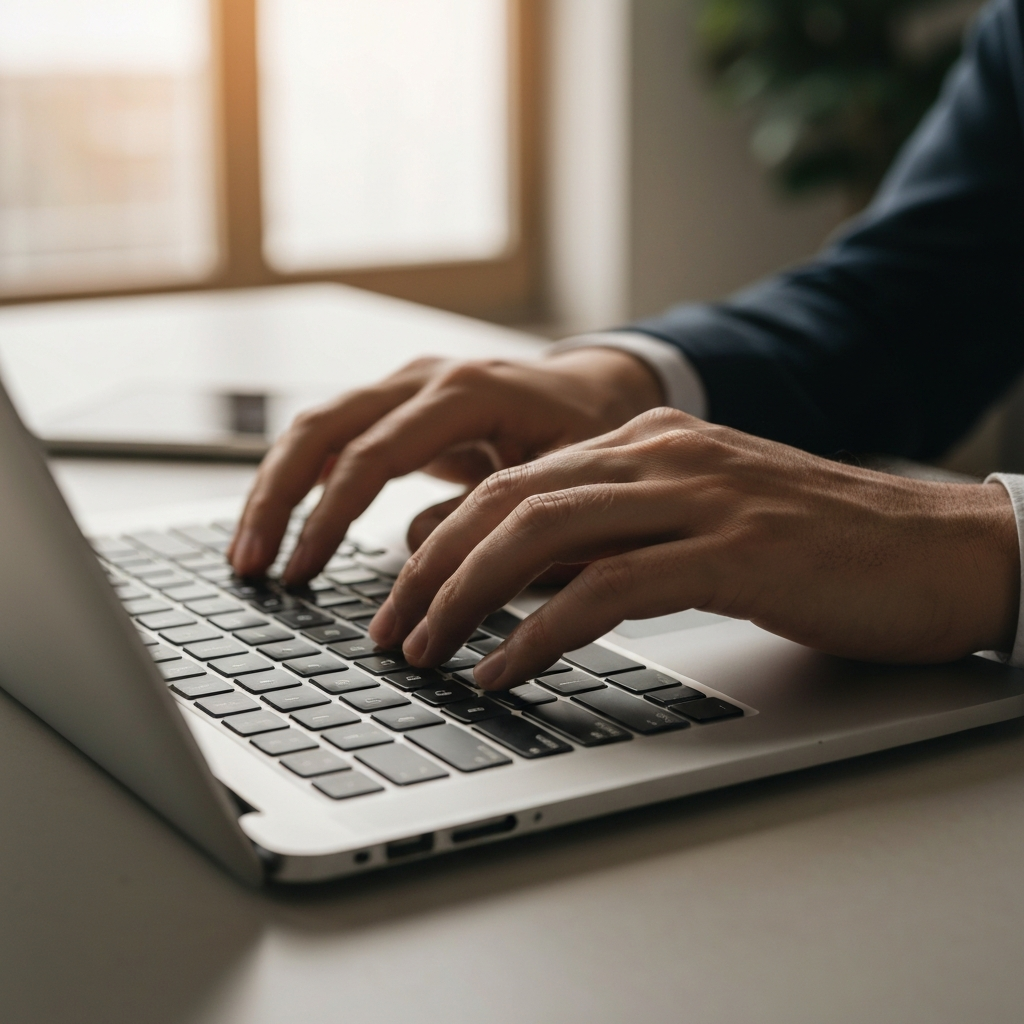 A person's hands typing on a laptop keyboard, focusing on the keys used for typing an email closing. The lighting is warm and inviting, creating a sense of professionalism.