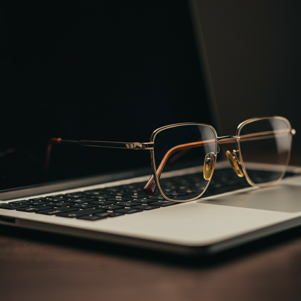 A pair of reading glasses resting on top of a laptop keyboard, suggesting careful review and attention to detail. The lighting is soft and diffused, creating a sense of focus and precision.