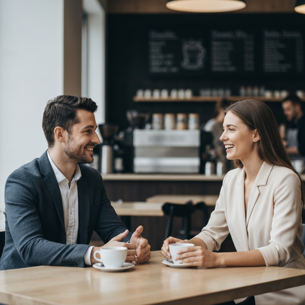 Two people sitting at a table in a bright and airy coffee shop, engaging in a friendly conversation. They are both smiling and making eye contact. The background features blurred coffee shop activity.