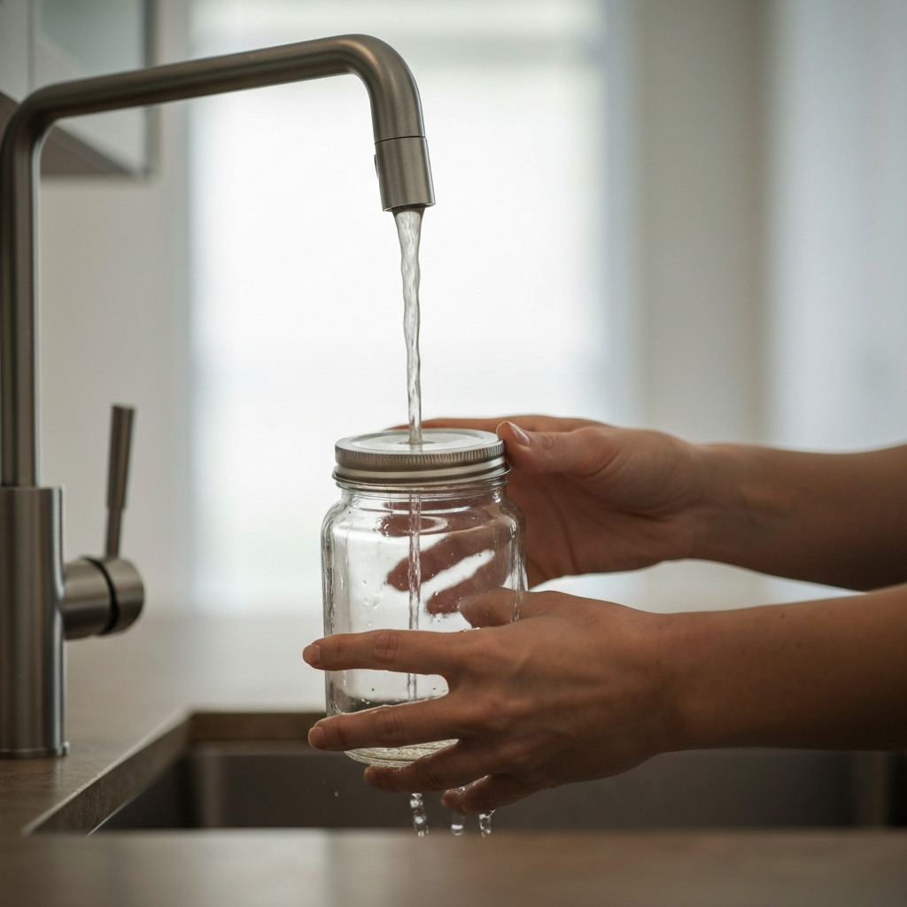 A woman's hands holding a glass jar under a stream of warm water from a stainless steel kitchen faucet. Focus is on the water flowing over the metal lid. Soft bokeh in the background.