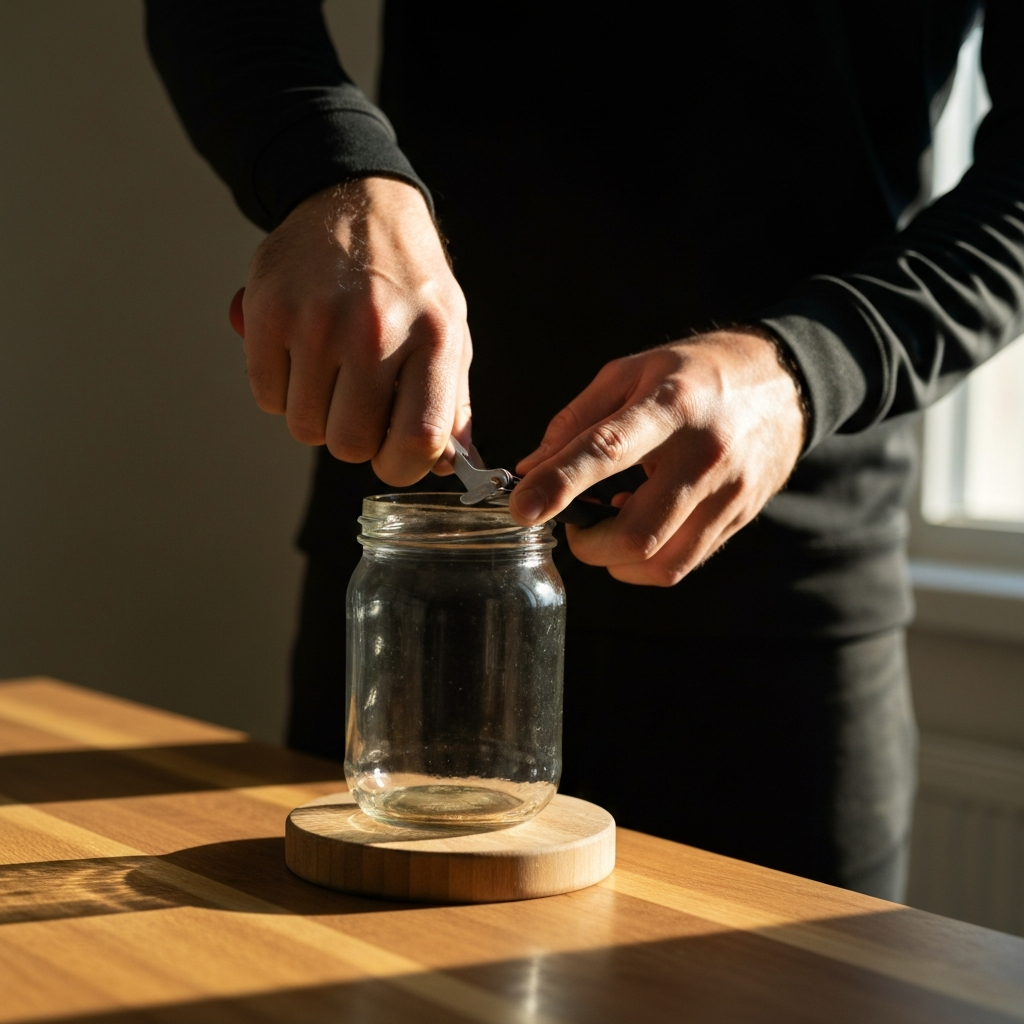 A man's hands using a rubber jar opener to grip a glass jar lid. The jar is on a wooden cutting board. Natural light coming from a nearby window creates side-lit textures.