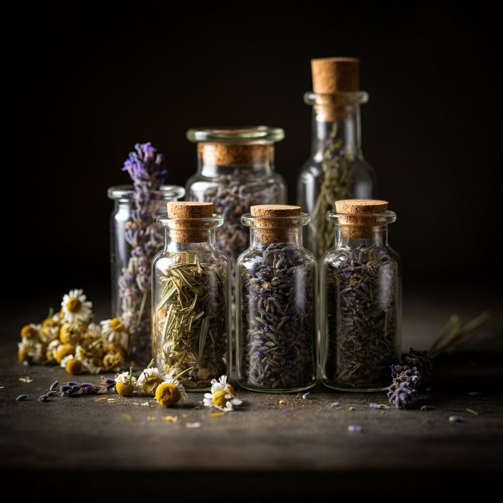 A close-up shot of various dried herbs (lavender, chamomile, rosemary) arranged artfully in small glass jars. Soft, natural light illuminates the textures of the herbs, with a shallow depth of field blurring the background.