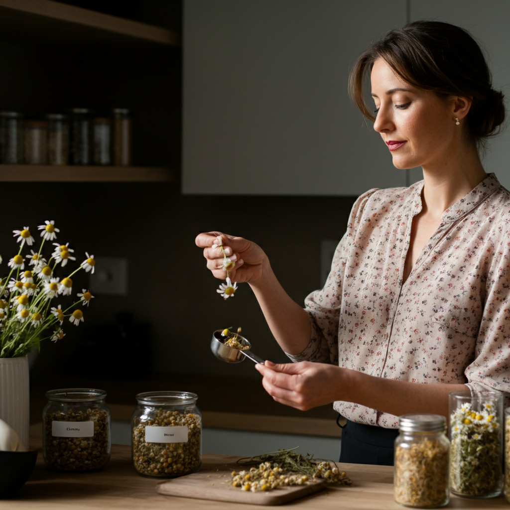 A woman with neatly styled hair, wearing a professional blouse, carefully measuring dried chamomile flowers into a small measuring spoon. Her hands are clean and well-manicured. The background features a well-organized pantry with neatly labeled jars.