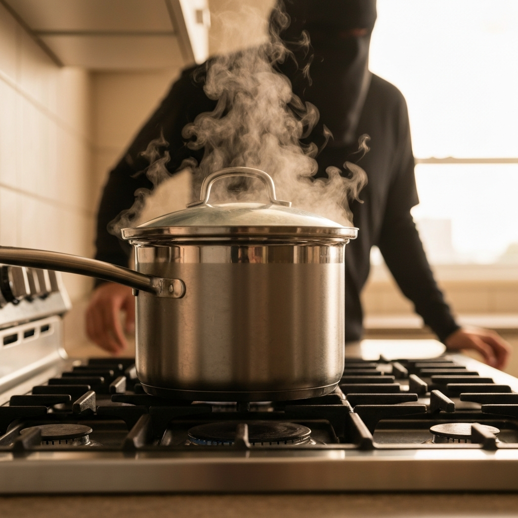 A stainless-steel pot on a stovetop, with steam gently rising from beneath the lid. The kitchen is clean and modern, with warm, inviting lighting. Focus on the details of the steam and the texture of the pot.