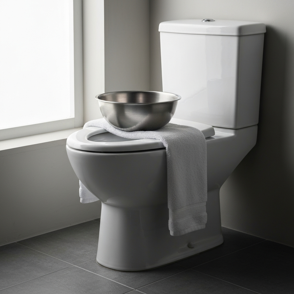 A bathroom setting with a white ceramic toilet. A large stainless-steel bowl is carefully positioned inside the bowl of the closed toilet. A neatly folded, thick white towel is draped over the side of the toilet, ready for use. Soft, diffused light fills the room.