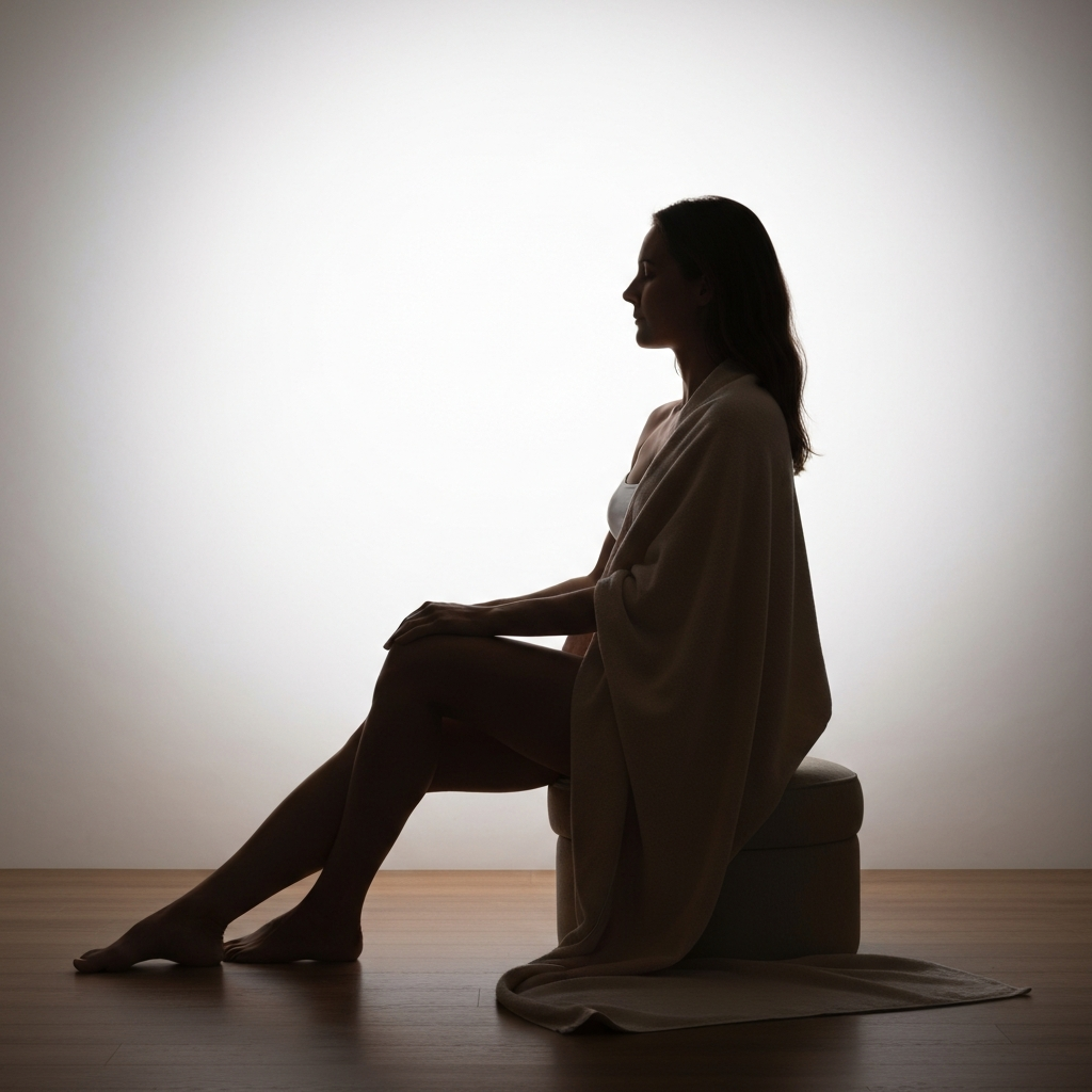 A silhouette of a woman (fully clothed in loose, comfortable clothing) sitting on a cushioned stool, draped with a large towel. The light source is behind her, creating a calming and peaceful atmosphere. The focus is on the silhouette and the soft texture of the towel.